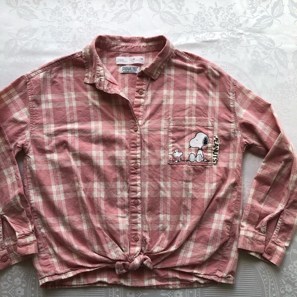 Zara Peanuts Charlie Brown Girls Size 9 Pink/White Plaid Button-Up Shirt Classic - Picture 10 of 16